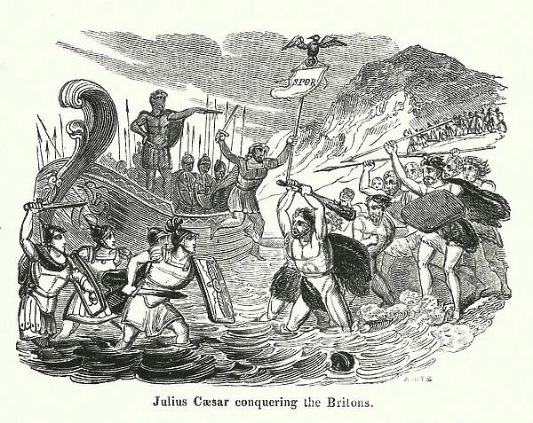 Julius Caesar conquering the Britons (engraving)