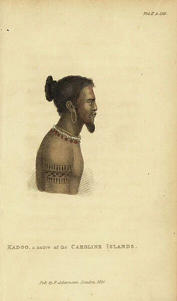 Kadoo, a native of the Caroline Islands, with elongated earlobes, necklace and tattoos. Handcoloured stipple engraving from Frederic Shoberl's The World in Miniature