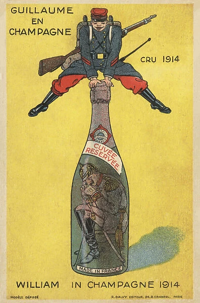 Kaiser Wilhem II in a champagne bottle (colour litho)
