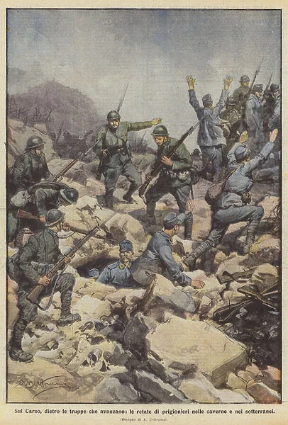 On the Karst, behind the advancing troops, the raids of prisoners in caves and dungeons (colour litho)