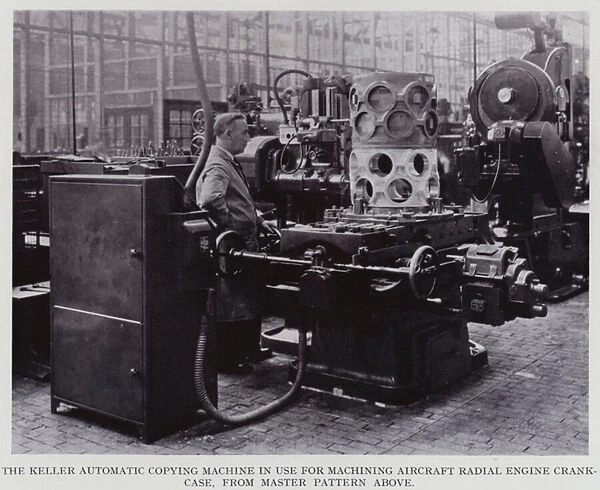The Keller automatic copying machine in use for machining aircraft radial engine crankcase, from master pattern above (b  /  w photo)
