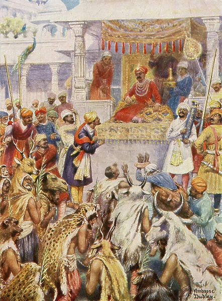 The Khan Jahan shows Akbar his Princely Captives (colour litho)