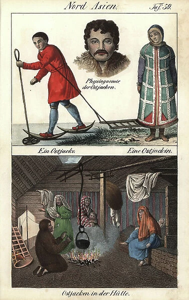 Khantys or khantes costumes (Russia): a man on his skis and a woman in embroidered coat. Below is a scene in a traditional house, the family reunited around the fire