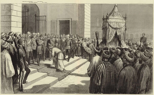 The Khedive saluting the holy carpet at Cairo before its despatch to Mecca (engraving)