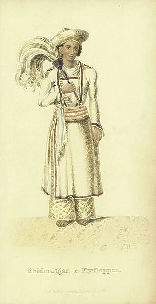 Khidmutgar or fly flapper, in tunic, wide trousers, turban and sash. Handcoloured copperplate engraving by an unknown artist from ' Asiatic Costumes, ' Ackermann, London, 1828