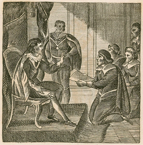 King Charles I receiving a petition from the Commons to assign them the power of levying armies (engraving)