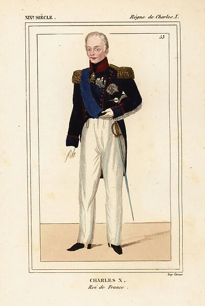 King Charles X of France 1757-1836 in military uniform of a colonel in the Garde Nationale with grand-cordon bleu sash and chain of the Order of the Golden Fleece, Ordre de la Toison-d Or