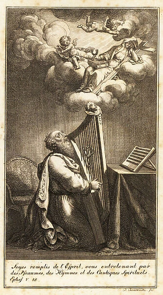 King David plays a harp to putti and Mary above his head. 1791 (engraving)
