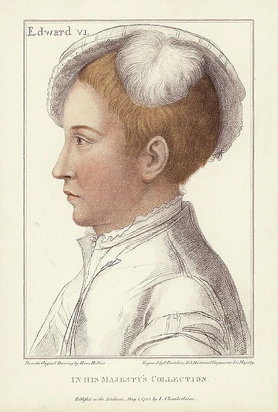 King Edward VI of England, 1537-1553. Son of Henry VIII and Jane Seymour. Handcoloured copperplate engraving by Francis Bartolozzi after Hans Holbein from Facsimiles of Original Drawings by Hans Holbein, Hamilton, Adams, London, 1884