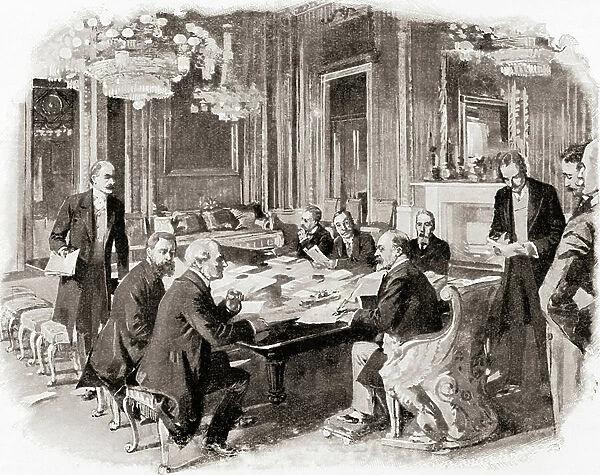 King Edward VII at a privy council meeting at Buckingham Palace, London, 19th century (engraving)