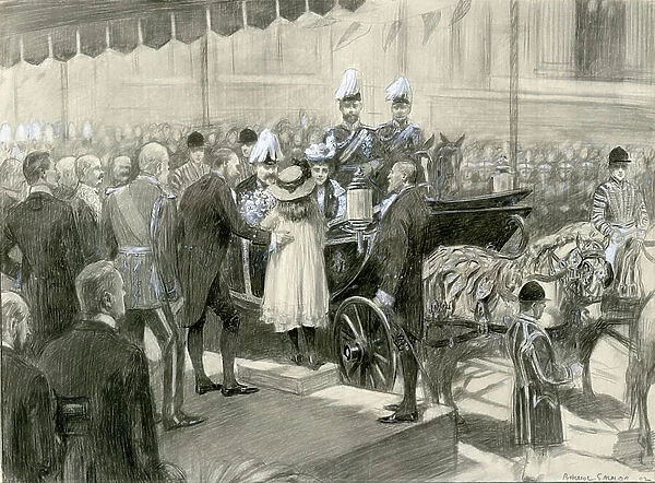 King Edward VII and Queen Alexandra - London County Council's Stand in Trafalgar Square, 24 October 1902 (w / c on paper)