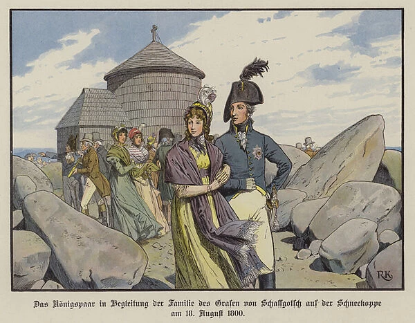 King Frederick William III and Queen Louise of Prussia in the company of the family of Count von Schaffgotsch on the Schneekoppe, August 1800 (colour litho)