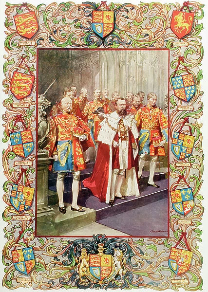 King George V and the officers of Heralds College, during his coronation in 1910, together with the arms of the English Sovereigns from William I to George V. George V, George Frederick Ernest Albert, 1865 to 1936