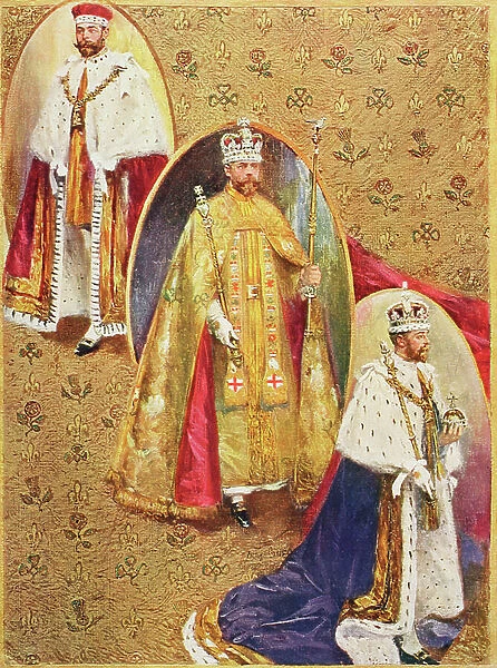 King George V in the three robes worn at the Coronation ceremony in Westminster Abbey. From top The Royal Crimson Robe of State, The Golden Imperial Mantle and the Royal Robe of Purple Velvet. George V, George Frederick Ernest Albert, 1865 to 1936