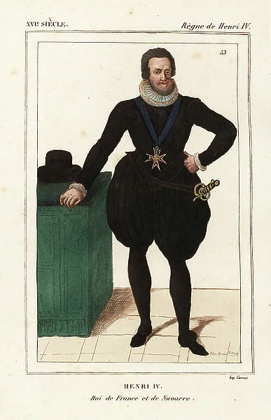 King Henry IV of France and Navarre. He wears the cross of the Order of the Holy Spirit on his chest. Drawn and lithographed by Alexandre Massard after a portrait in Roger de Gaignieres gallery portfolio X 2 from Le Bibliophile Jacob aka Paul