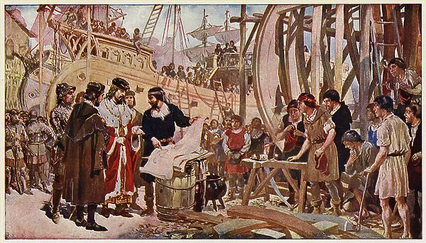 King John II of Portugal visiting a shipyard, late 15th Century (colour litho)