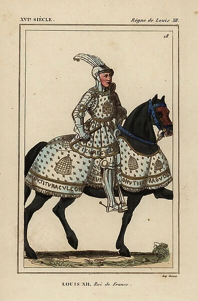 King Louis XII of France, 1462-1515. Shown in the suit of armour with NON UTITUR ACULEO REX CUI PAREMUR he wore when entering the town of Genoa 1507. Handcoloured lithograph after an illustration by Georges Lafosse from the manuscript by Jean Marot