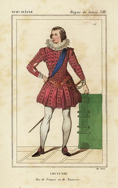 King Louis XIII of France and Navarre, in his youth. Handcoloured lithograph after a contemporary print from Le Bibliophile Jacob aka Paul Lacroix's Costumes Historique de la France (Historical Costumes of France), Administration de Librairie