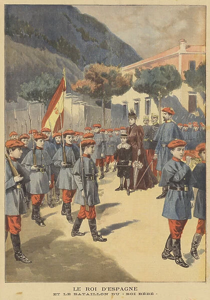 The King of Spain and his battalion of child guards (colour litho)