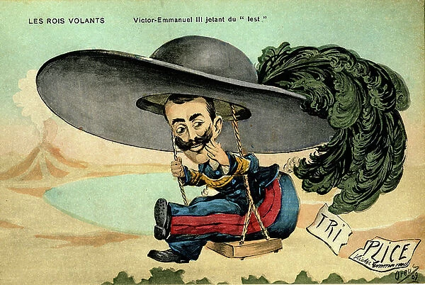 King Victor Emmanuel III on a swing cap, 1909 (lithograph)