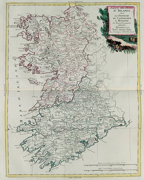 The Kingdom of Ireland that the provinces of Munster and Connaught, engraving by G. Zuliani is from Volume I of Atlas Novissimo 'published in Venice in 1778 by Antonio Zatta, Private Collection