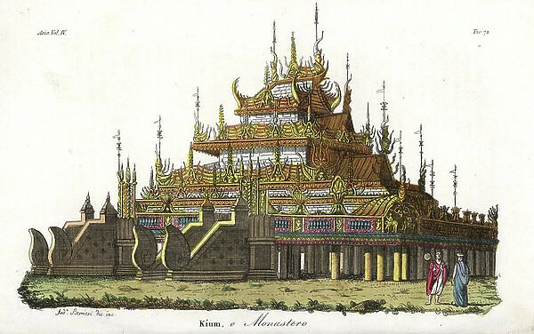 A kioum or Buddhist monastery in Burma. After an illustration in Michael Symes Account of an Embassy to the Kingdom of Ava. Handcoloured copperplate drawn and engraved by Andrea Bernieri from Giulio Ferrario's Ancient