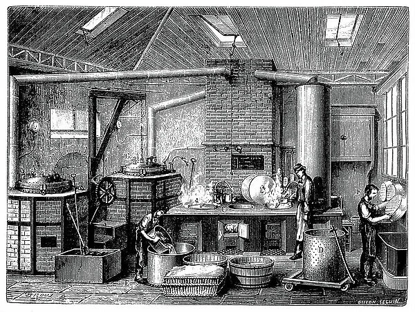 Kitchen of a food cannery. Wood engraving Paris c1870