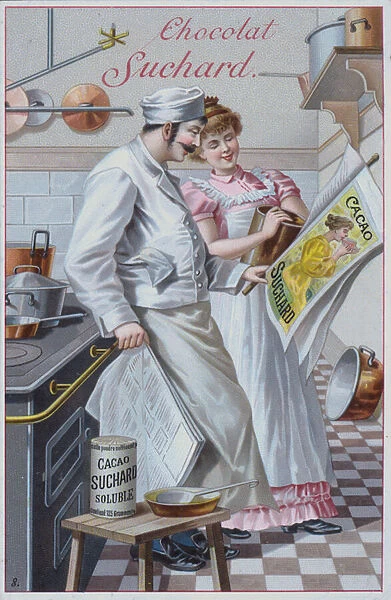 Kitchen scene, advertisement for Suchard cocoa (chromolitho)