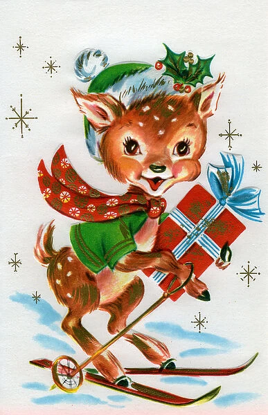 Kitsch Christmas Reindeer on Skiis, 1954 (screen print)
