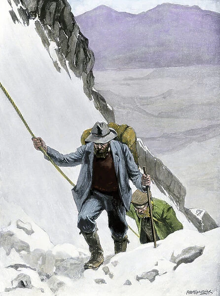 The Klondike Gold Rush: Gold seeker climbing to the summit of Chilkoot Pass in Alaska, 1890. Colour engraving of the 19th century