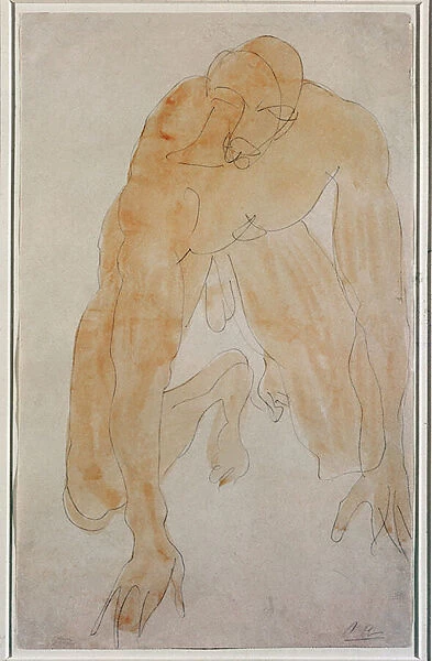 Kneeling man (Watercolour, 19th century)