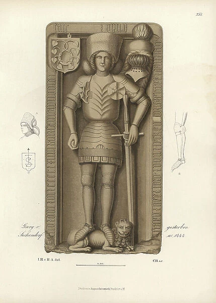 Knight in armor, 15th century - Tombstone by Georg von Seckendorf, died 1444 - Chromolithography, drawing by Jakob Heinrich von Hefner-Alteneck (1811-1903), for his book 'Costumes