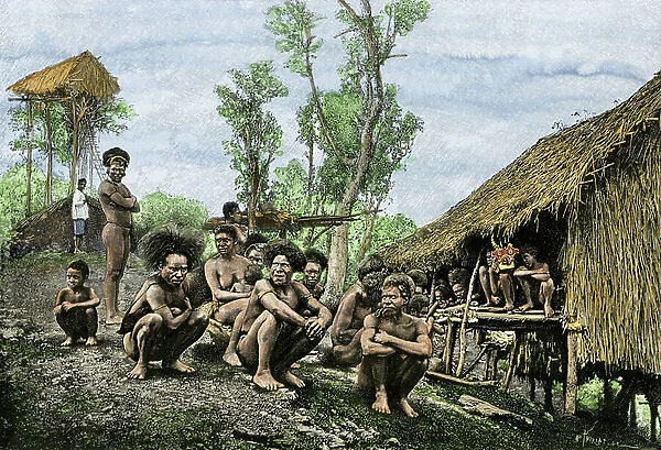 Koyari Group with their families, New Guinee East (South East), Papua. Debut of the 19th century Group of Koyari chiefs and their families, southeast New Guinea, 1800s. Hand-colored engraving reproduction of a 19th-century photograph