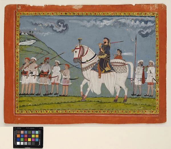 Kunwar Dhan Singh on his freckled horse, 1808 (opaque w  /  c and gold on paper)