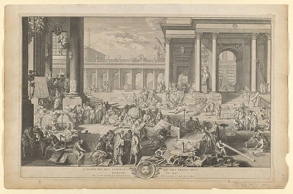 L Academie des Sciences et des Beaux-Arts, 1698 (etching)