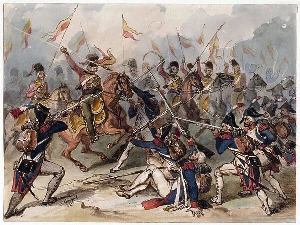 L infanterie francaise et les hussards russes au combat a Austerlitz - French infantry and Russian hussars in combat at Austerlitz - Goupil-Fesquet, Frederic (1817-1878) - Watercolour on paper - 21, 2x28, 6 - Private Collection