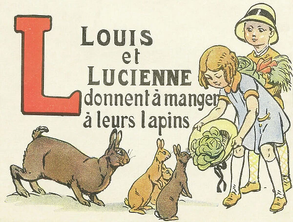 L: Louis and Lucienne give food to their rabbits