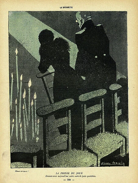La Baionnette, Satirical in Colours, 1916_4_6: War of 14 -18, Religion, Bread, Restrictions Rationoning, Rationing Card - Prayers - Illustration by Pierre E. Legrain (1889-1929)