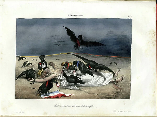 La Caricature (1830) politique, Satirique en Couleurs, 1831_10_13: La France livree aux Crobeaux de toute espece - Cocard - Marianne, Crobeaux, Soult, D'Arguout, France (Allegorie de)
