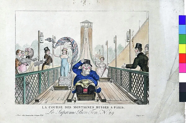 La course des Montagnes Russes a Paris, 1817 (hand coloured etching on paper)