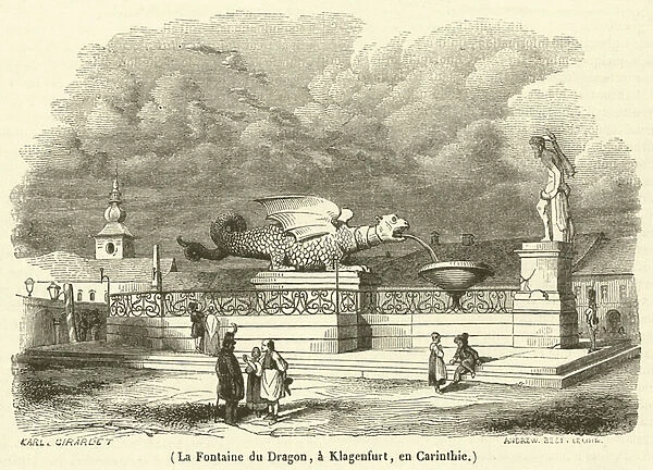 La Fontaine du Dragon, a Klagenfurt, en Carinthie (engraving)