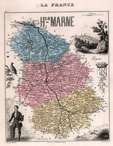 La Haute Marne (Haute-Marne, 52), Champagne-Ardennes (Champagne Ardennes) - France and its Colonies. Atlas illustrates one hundred and five maps from the maps of the depot of war, bridges and footwear and the Navy by M. VUILLEMIN. 1876