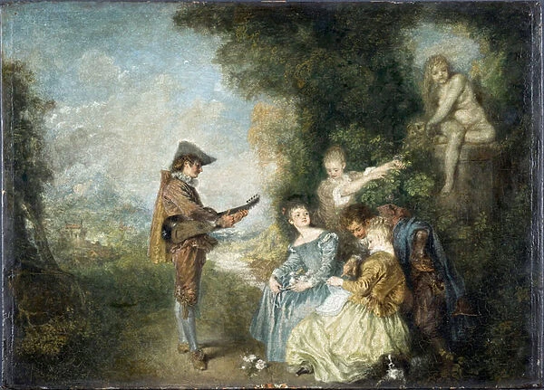 La lecon d amour (The Love Lesson) (scene galante dans un jardin, avec statue et musicien) - Peinture de Jean Antoine Watteau (1684-1721), huile sur bois (44 x 61 cm), 1716-1717 Nationalmuseum Stockholm