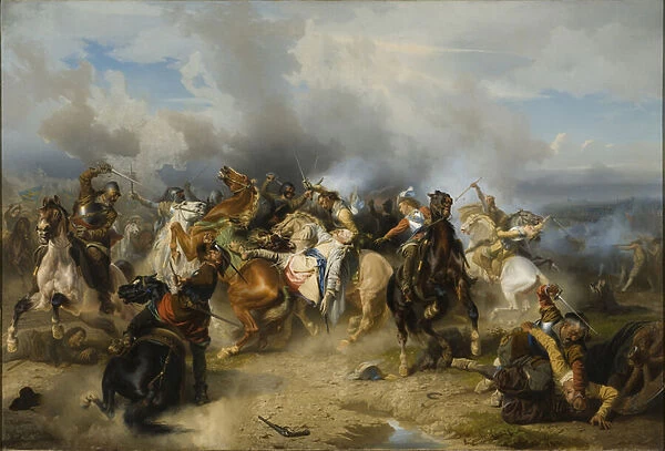 La mort du roi Gustave II Adolphe de Suede (1594-1632) dit le Grand ou le Lion du Nord, a la bataille de Lutzen, le 6 novembre 1632 - Death of King Gustav II Adolf of Sweden at the Battle of Luetzen on 6 November 1632, by Wahlbom, Carl (1810-1858)