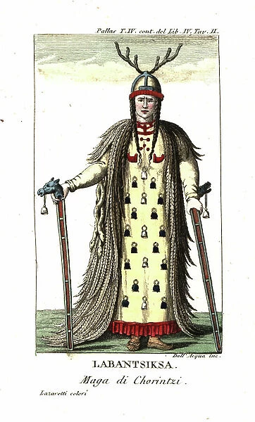 Labantsiksa, shaman of the Khorintzi Buryats people of Siberia. She wears a helmet with antlers, leather dress decorated with bells, a cape with three entwined serpents, and holds sticks with horse-head handles
