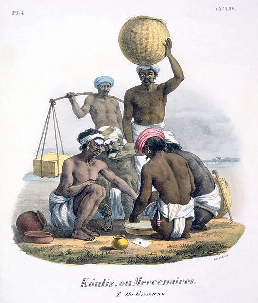 Labourers sharing rice, 1827-35 (colour litho)