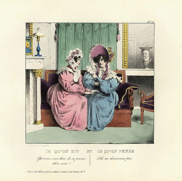Two ladies on a sofa in a parlour. She says, You know there's no hurry. She thinks, She won't move! Handcoloured lithograph by the Gihaut brothers after an illustration by Swiss artist Jean Gabriel Scheffer from Petites Scenes du Monde