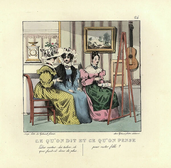 Two ladies talking in a parlor watching a woman paint in oils. She says, How many more virtues and talents... She thinks, To remain a woman. Handcoloured lithograph by the Gihaut brothers after an illustration by Swiss artist Jean Gabriel Scheffer