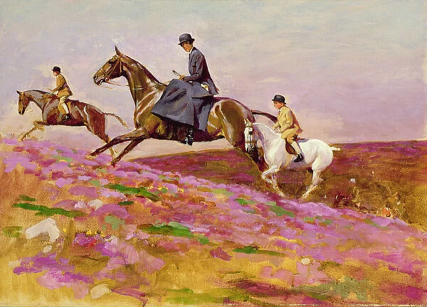 Lady Currie with her sons Bill and Hamish Hunting on Exmoor (oil on canvas)