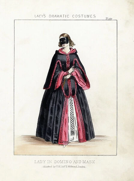 Lady in domino cape and mask, holding a fan, for a masked ball, Victorian era. Handcoloured lithograph from Thomas Hailes Lacy's ' Female Costumes Historical, National and Dramatic in 200 Plates, ' London, 1865